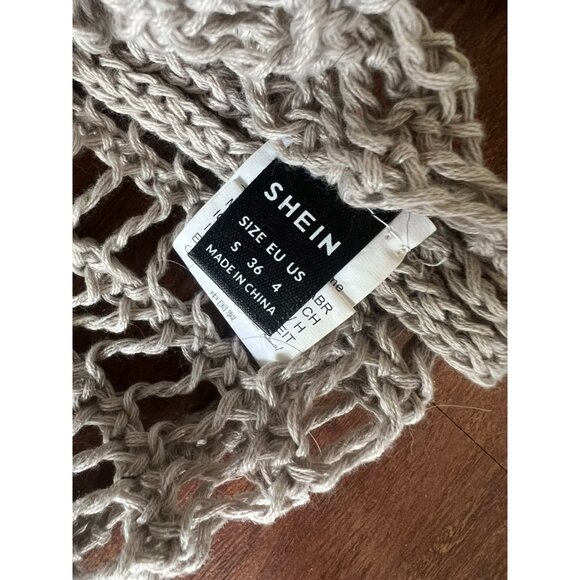 Shein Women’s Open Knit Sweater Small S Beige Oversized Mesh Long Sleeve Top - Picture 3 of 4